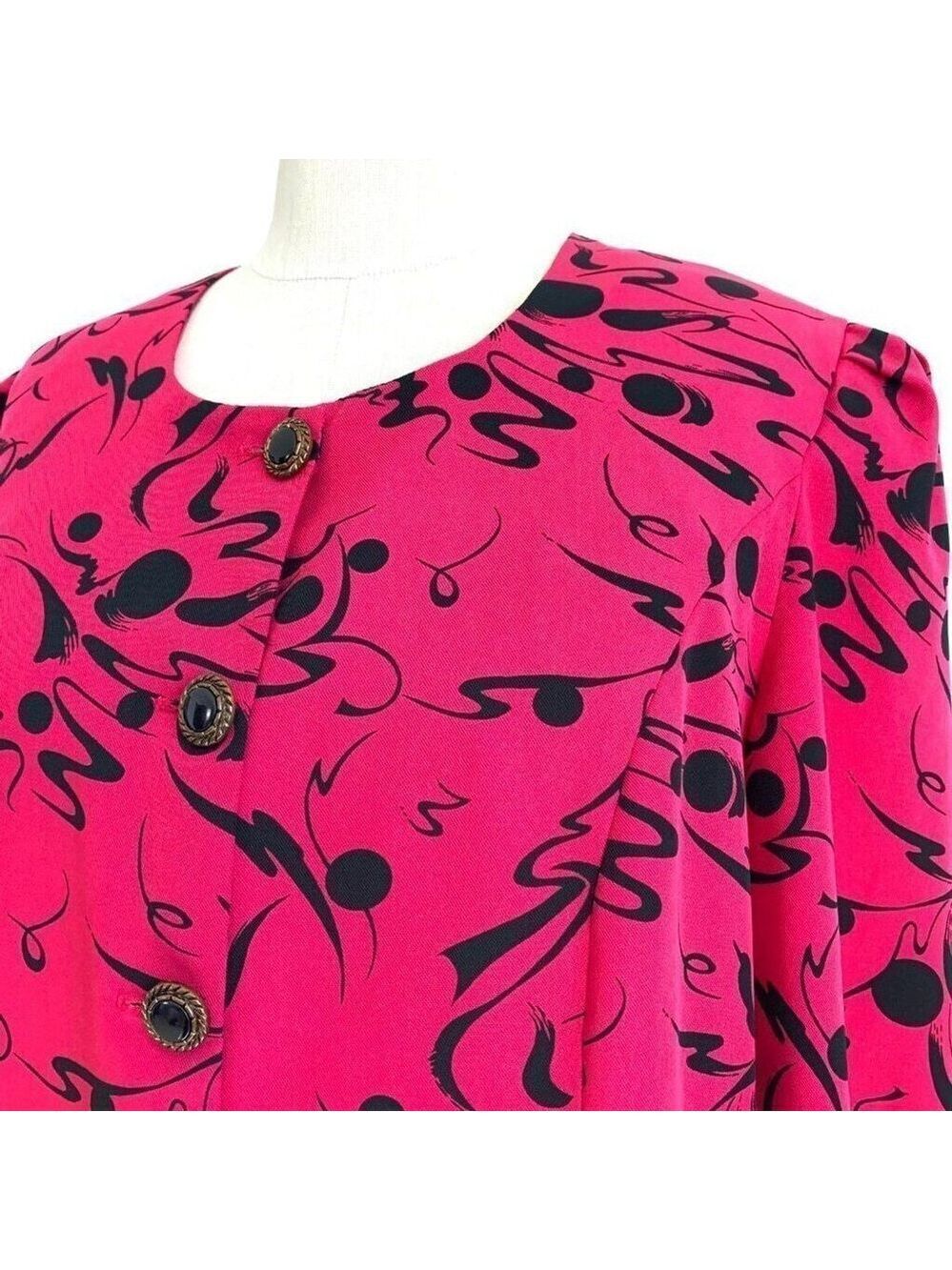 Vintage Chelsea Hot Pink Black Abstract Print Rayon Blouse Top Size 14 80s 90s - Picture 5 of 7